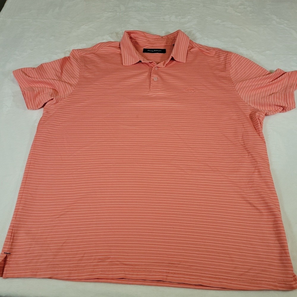 Tommy Bahama Polo Golf Shirt Short Slve Mens XL/TG‎ Orange Stripes Supima Cotton